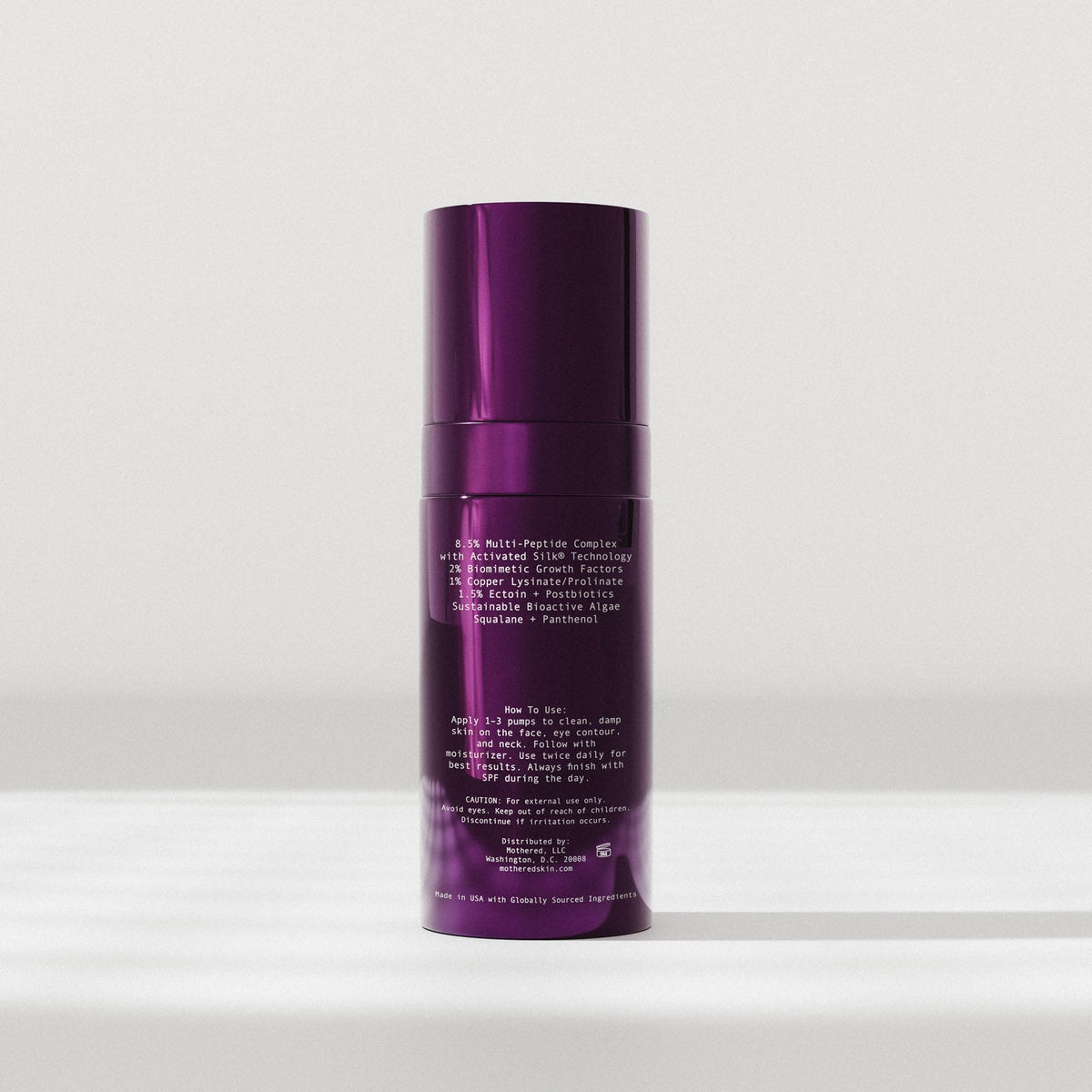 Mothered Silk Factor Serum back label purple glass bottle with cap