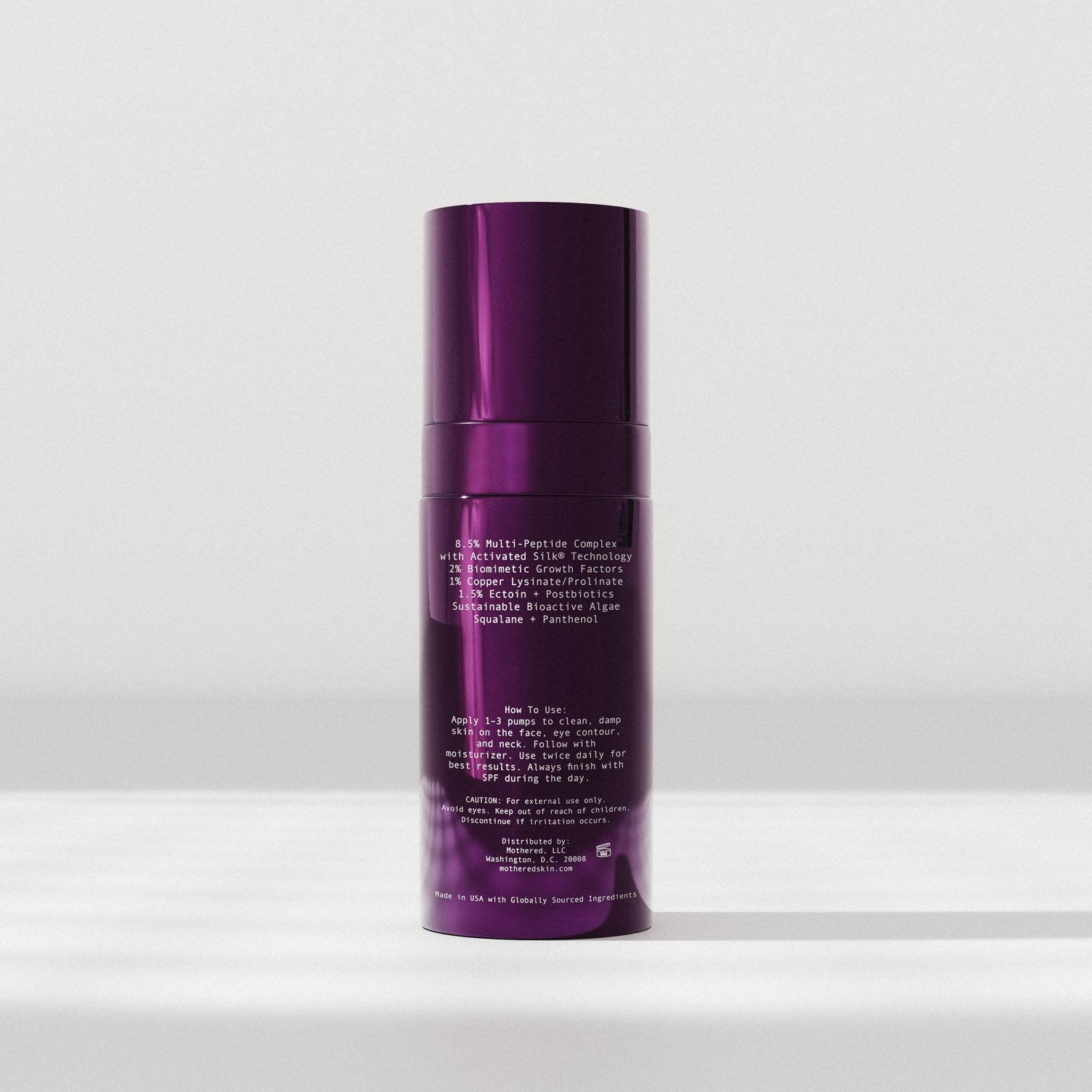 Mothered Silk Factor Serum back label purple glass bottle with cap