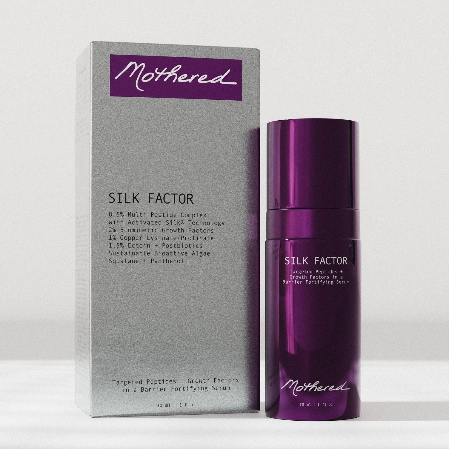 Mothered Silk Factor Serum purple bottle and packaging front view