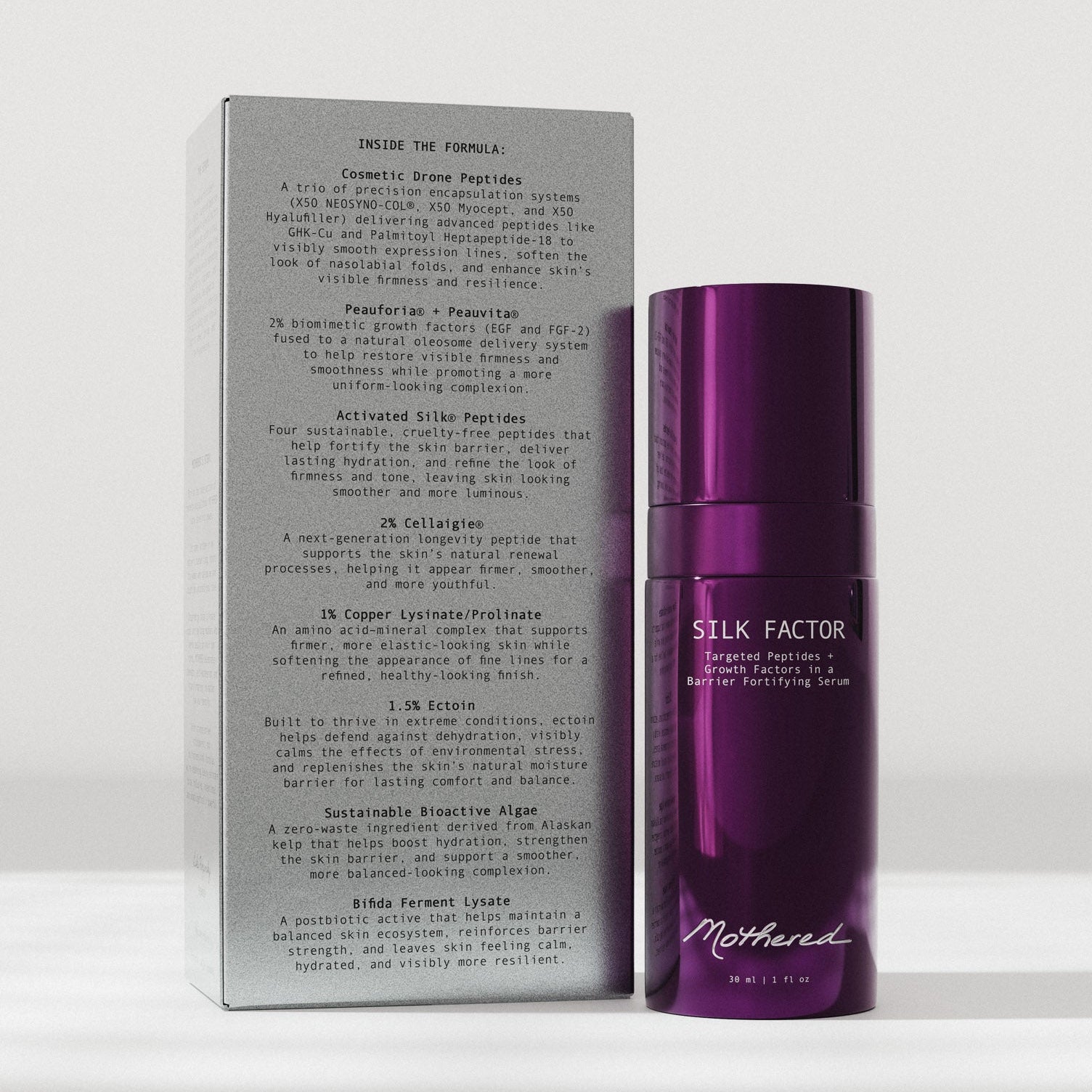 Mothered Silk Factor Serum purple bottle with packaging back label